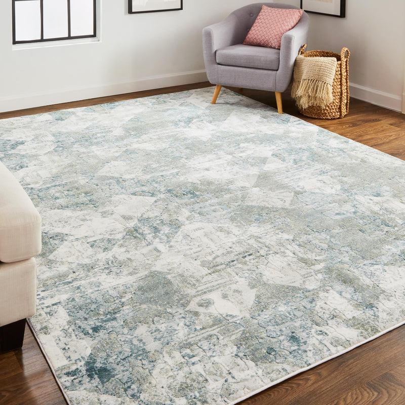 Atwell Contemporary Distressed Rug, Squares, Iceberg Green, 3ft x 8ft, Runner - Modern Rug Importers