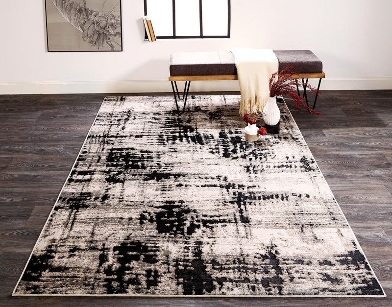 Micah Modern Abstract Rug, Ivory Bone/Black, 5ft x 8ft Area Rug - Modern Rug Importers